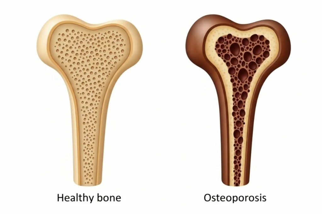 Diagram of healthy bone vs. weak/porous bone 